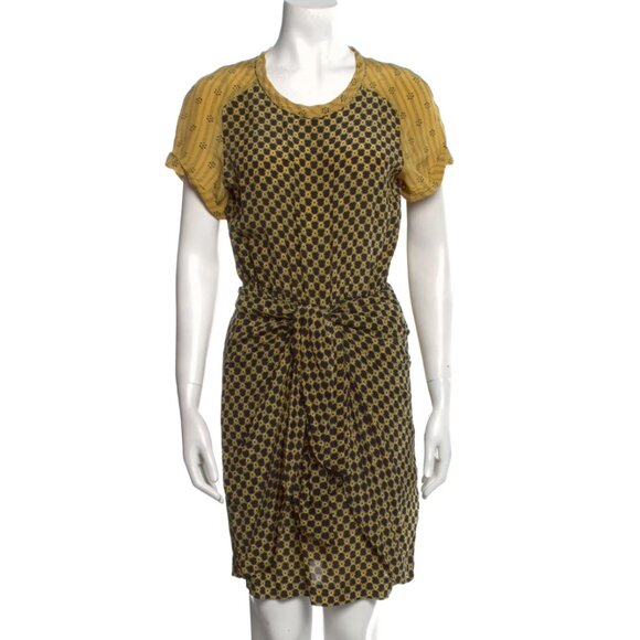 Isabel Marant Yellow Black Silk Printed Tie Front 100% Silk Mini‎ Dress Size 38 - Picture 1 of 10